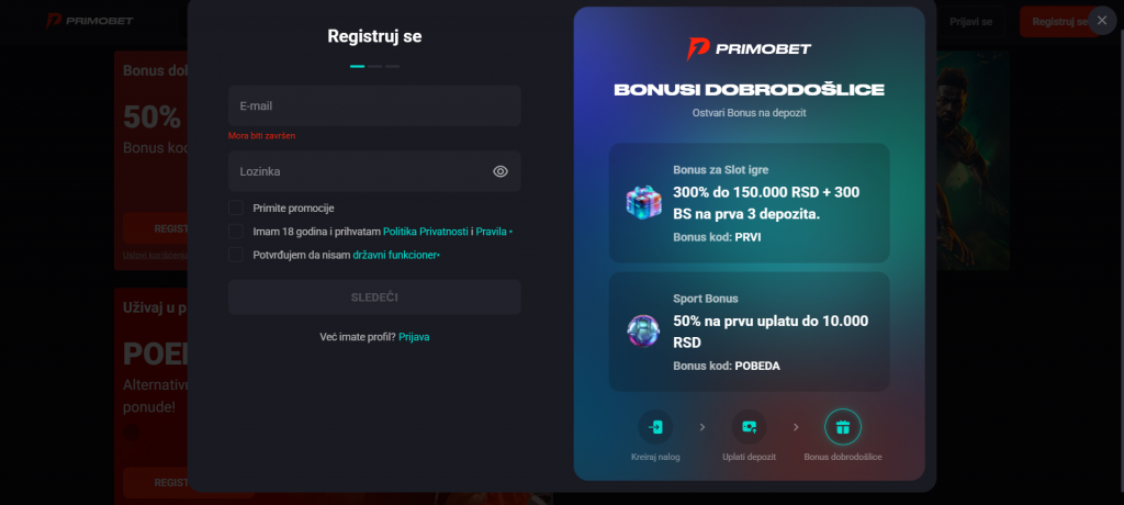 Primobet registration