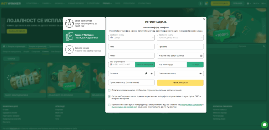 Registracija na Betwinner kazino nalog